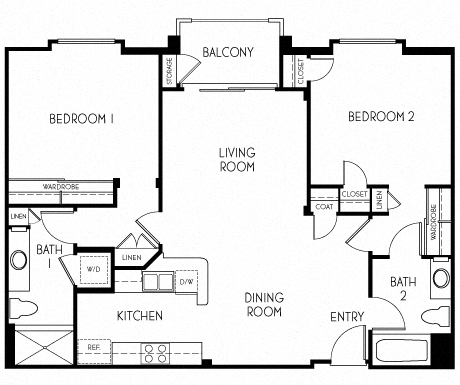 2 bedroom 2 bathroom Floor plan D at The Adler Apartments, Los Angeles, California